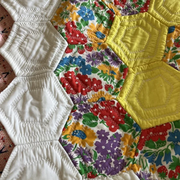 MCM Vintage Colorful Handmade Quilt Octagon Mixed Material 60x94 Flower